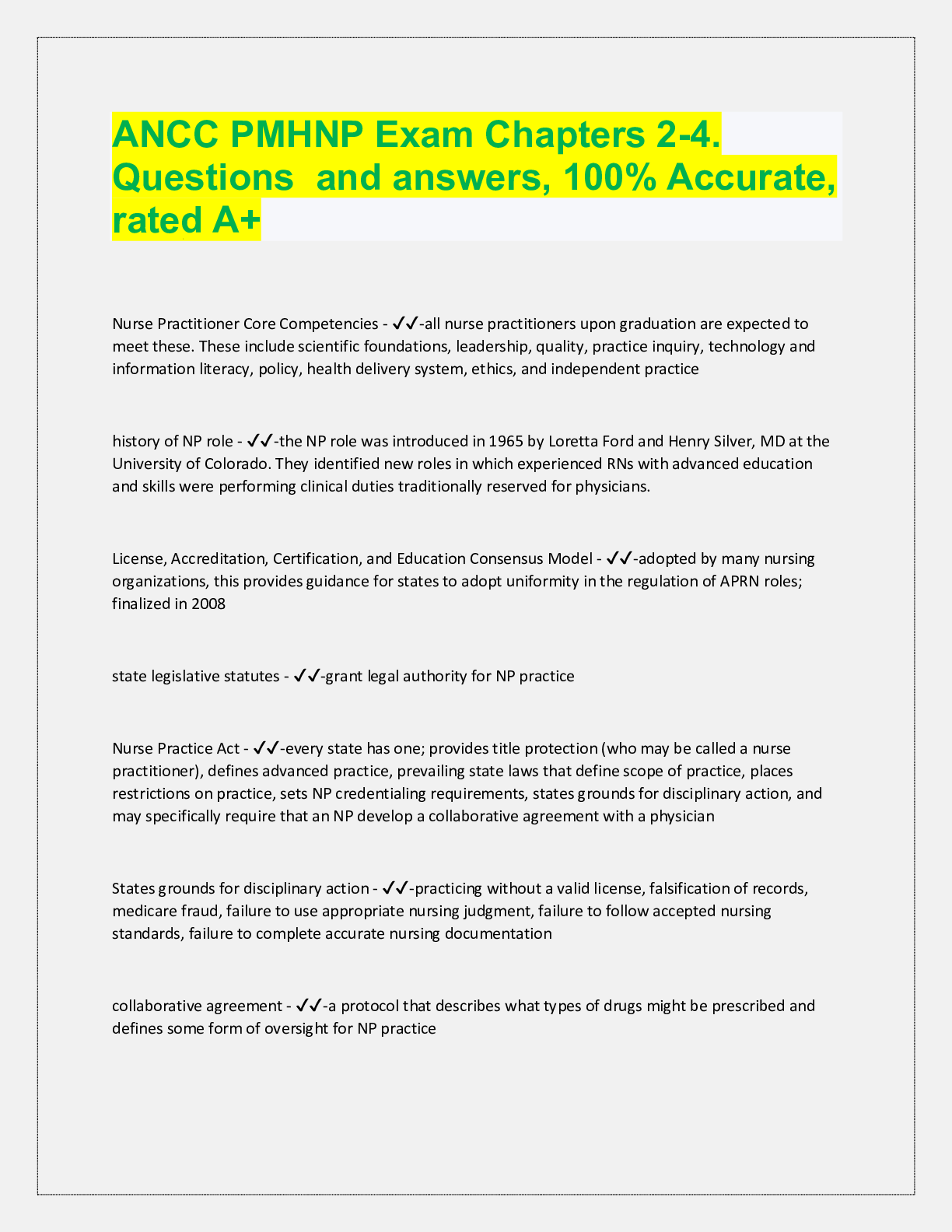 Preview image for ANCC PMHNP Exam Chapters 2-4.  Questions and answers, 100% Accurate,  rated A+